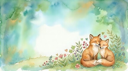 Fototapeta premium Two foxes sitting together surrounded by wildflowers and foliage in a watercolor style illustration. Isolated on white background, ready for children's books, nursery decor, and design projects.