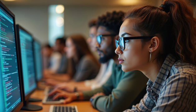 Diverse students intently focus on computer screens in classroom. Young adults learn coding, type on keyboards, gain tech skills. Teacher guides computer science lesson for future engineers.