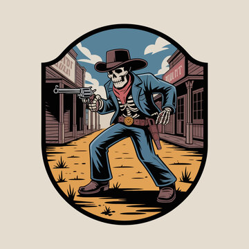 Skeleton cowboy in a western town illustration.