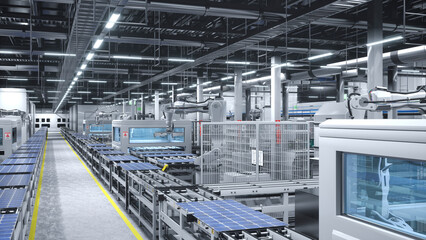 Fototapeta premium Industrial robot arms placing solar panels on large production line in modern sustainable factory, photovoltaics being assembled on conveyor belts inside manufacturing facility, 3D render.