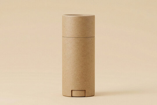 Cylindrical brown cardboard push up cosmetic tube on a beige background