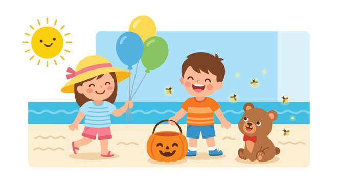 A smiling girl with balloons and a boy holding a pumpkin lantern enjoy a sunny beach day with a teddy bear and some glowing fireflies nearby.
