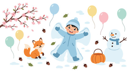 Fototapeta premium A joyful child makes a snow angel surrounded by seasonal elements like cherry blossoms, autumn leaves, a fox, a snowman, and festive balloons.