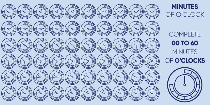 Collection of clock faces showing minutes from 00 to 60 oclock on light blue background with navy blue text and graphics