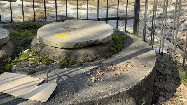 A manhole cover in close-up with cat food, a concrete side overgrown with moss, a metal fence in the background, scattered food
