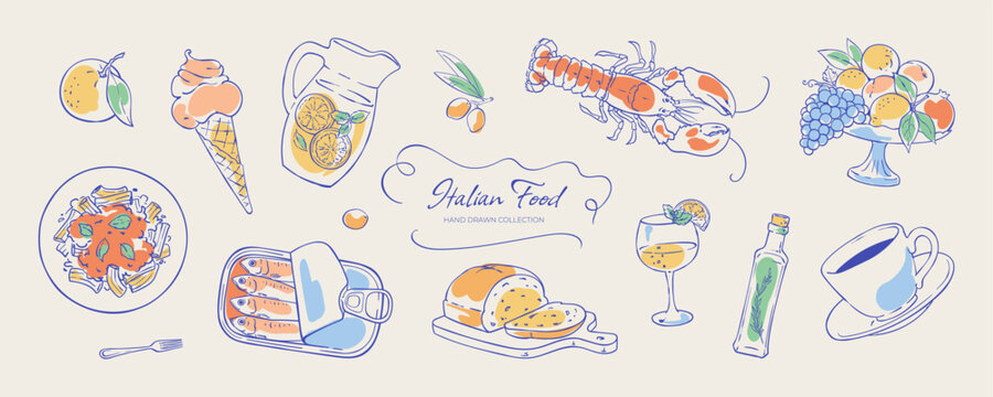 Italian dinner food ink line collection with seafood, pasta and fruit in playful doodle style. Hand drawn italian illustration set with wine, coffee, bread and food elements for restaurant menu