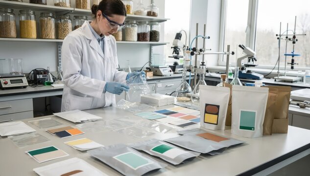 Scientist in a sustainable packaging lab testing flexible compostable pouches against recyclable alternatives on a workbench cluttered with various label designs and material