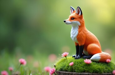 Fototapeta premium Detailed fox figurine sits on mossy mound surrounded by small pink flowers, soft green foliage. Artificial fox bright orange fur, white chest fur, black leg markings, looking to left with gentle