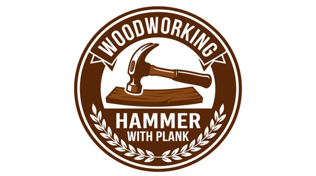 Circular vintage woodworking logo with hammer and plank.