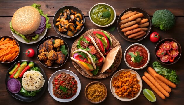 healthy plant based vegetarian food table scene top down view on a dark wood background jackfruit burger mushroom tacos watermelon and cauliflower steaks carrot hot dogs walnut bolognese
