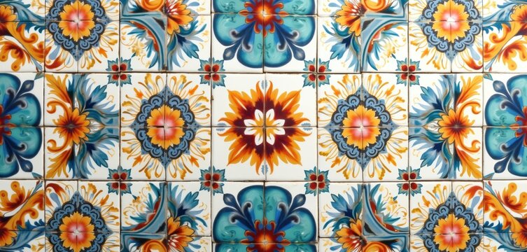 Colorful ceramic tiles form a mosaic. Floral and geometric patterns adorn the wall. Detailed ornaments create a vintage patchwork design. This decor adds charm to any room.