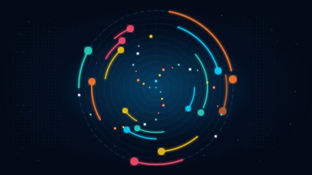 Abstract radar visualization with glowing orbital data points and trajectory arcs. Futuristic circular display with holographic navigation nodes for UI design.