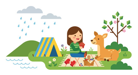 Naklejka premium A girl sits on a picnic blanket with a friendly deer, sharing food near a blue tent and a blooming tree during a light rain shower in nature.