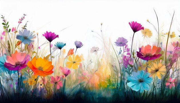 colorful abstract flower meadow with summer flowers and green blades of grass isolated on white background textured overlay decoration