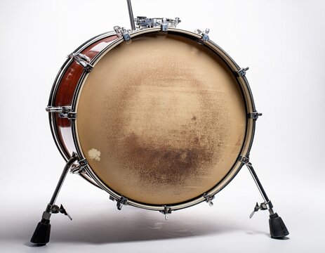 a vintage bass drum sits on its legs against a white background showing its aged and worn drumhead