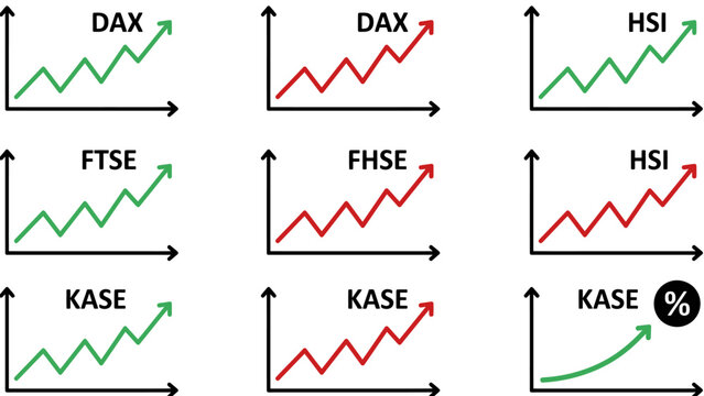 Multiple stock market charts with green and red lines on white background