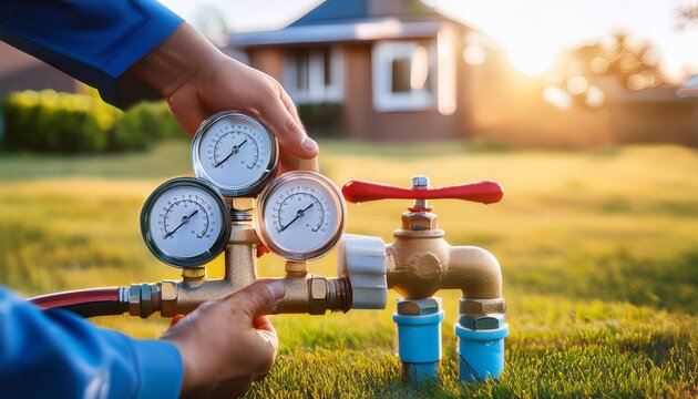 testing home water pressure on outdoor faucet plumbing maintenance repair and well pump service concept