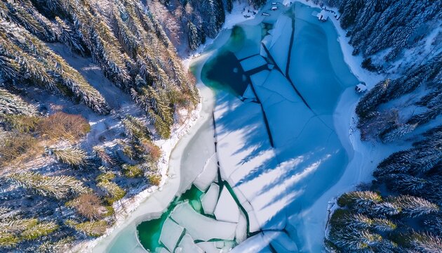 abstract aerial view of frozen lake with cracks showing nature s patterns and textures for travel and destination concepts fusine lakes tarvisio friuli italy