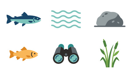 Obraz premium Fishing Icons Set with Fish Water Rock Binoculars and Reeds