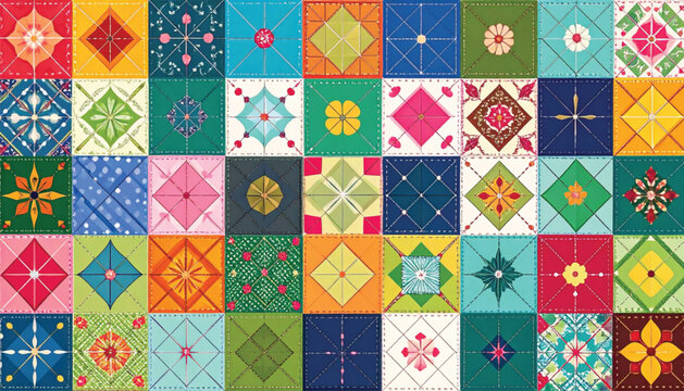 Colorful patchwork quilt square patterns.