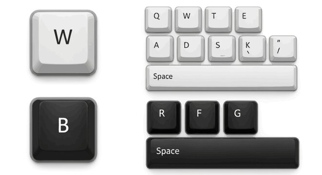 Varied collection of individual and grouped computer keyboard keys in white and black, illustrating input controls for typing, gaming, and digital interaction