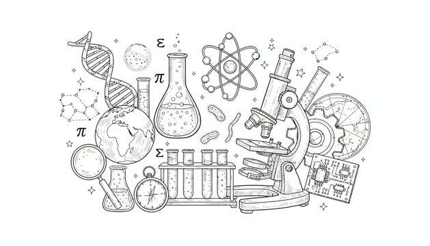 Hand drawn science doodle background with microscope DNA beaker and test tubes sketch vector illustration