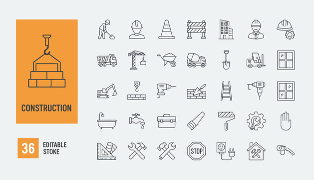 Comprehensive collection of thirty-six outline icons representing building construction, heavy machinery, repair tools, and civil engineering