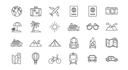 Fototapeta premium Set of Thin Line Vector Icons Representing Travel Tourism Transportation and Outdoor Adventure Vacation Activities