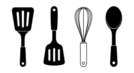 Set of Black Kitchen Utensils Silhouette Icons Including Spatula Whisk and Spoon for Cooking Design © Awais