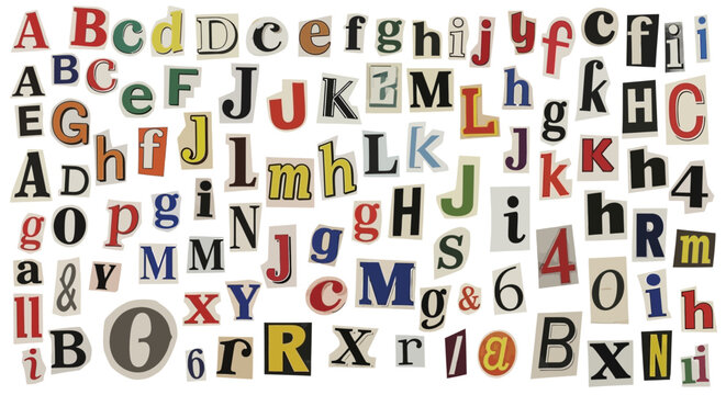 Assorted Ransom Note Style Alphabet Letters and Numbers Cutout Collage Design Elements