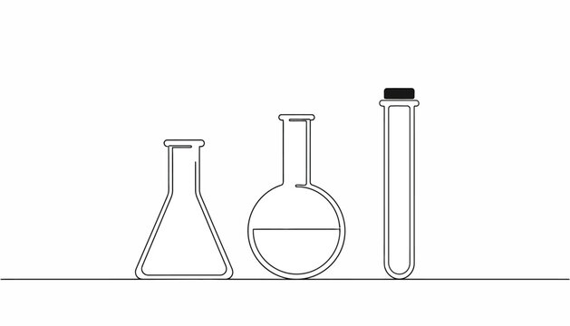 Minimalist Continuous Line Drawing of Laboratory Glassware Equipment Set Including Erlenmeyer Flask Round Flask and Test Tube