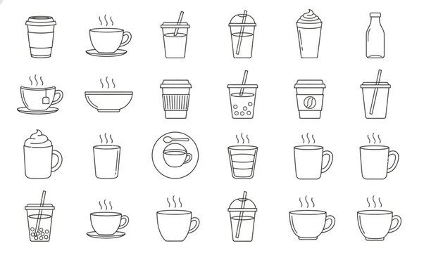 Collection of simple line art icons representing various hot and cold beverages in cups and containers