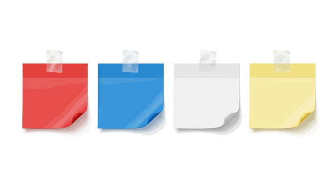 Four colorful sticky notes with tape for office organization, planning tasks, and business reminders on white background