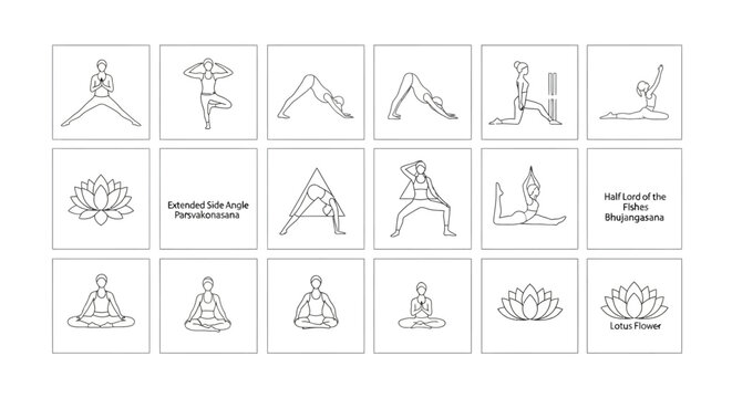 Minimalist yoga pose icons and lotus flower line art set for wellness meditation and fitness design projects