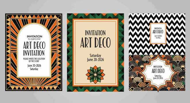 Elegant Art Deco Invitation Templates with Gold Geometric Patterns and Vintage 1920s Gatsby Style for Luxury Events