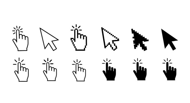 Set of digital cursor icons featuring hand clicking and arrow pointer designs in pixel and smooth vector graphics for user interface