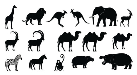 Black silhouettes of diverse wild animals including giraffe lion elephant kangaroo zebra monkey hippo © Awais