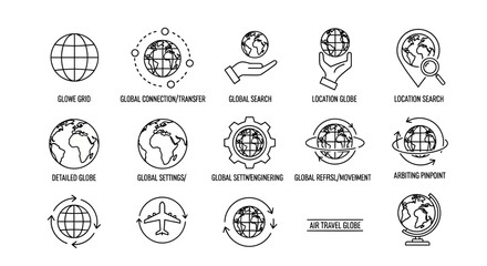 Professional vector line icon set featuring global network connectivity, international logistics, world travel symbols, and geographic data management © Awais