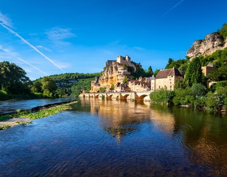 view to the beautiful french village and castle of beynac et cazenac and the dordogne river from the river side walkway during summer