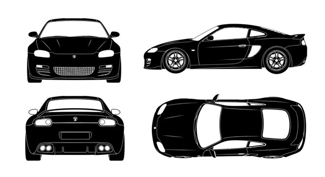 Modern sports car vector silhouettes showing front side back and top view blueprint projection