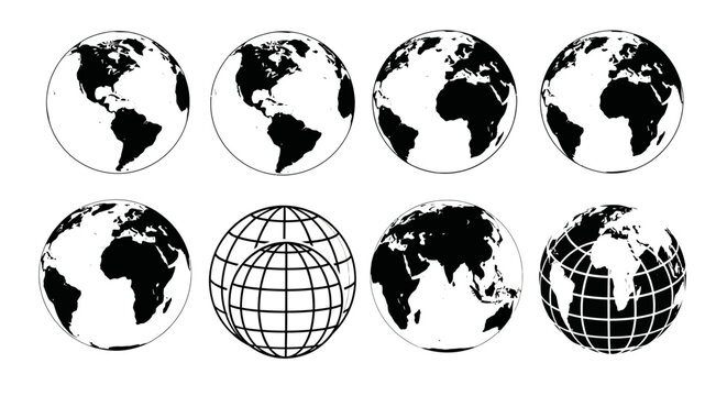Set of minimalist black and white earth globe icons showing different continents and geographical grid lines