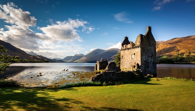 the ruins of kilchurn castle on loch awe in scotland