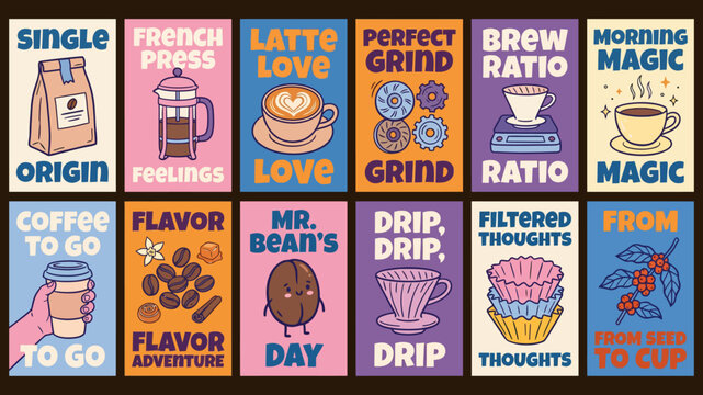 Retro coffee poster set with 12 vintage cafe illustrations, colorful coffee shop wall art collection, decorative caffeine themed vector graphics Editable Vector.