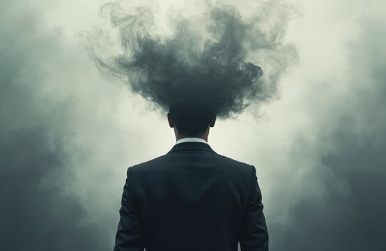 Man in suit with dark smoke cloud above his head. Represents confusion, stress, mental fog, or creative block. Abstract concept of troubled mind in business world. Overwhelmed worker.