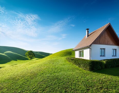 cute house and fresh green hill scenery