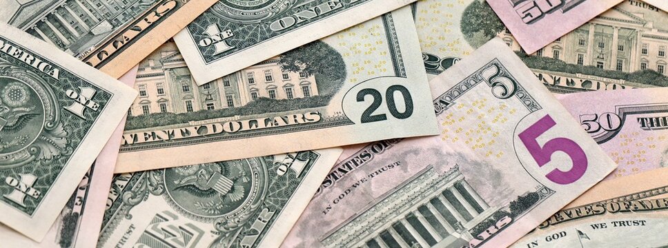 Details of old United States USD dollar bills. American US banknotes macro photo close up