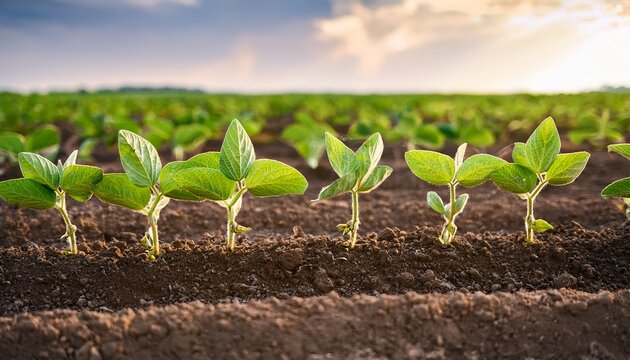 soybeans growing in field after planting agriculture soybean farming and growth stages concept