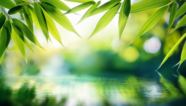 border of green bamboo leaves over sunny water surface background banner beautiful spa nature scene with asian spirit and copy space