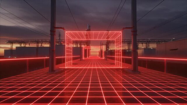 AR警告サインが表示される高電圧エリアを歩く主観映像