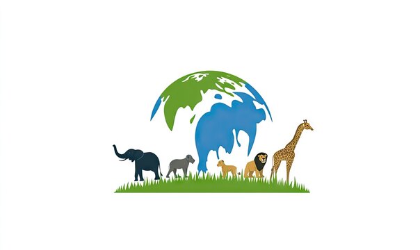 Silhouette of African animals against stylized Earth globe